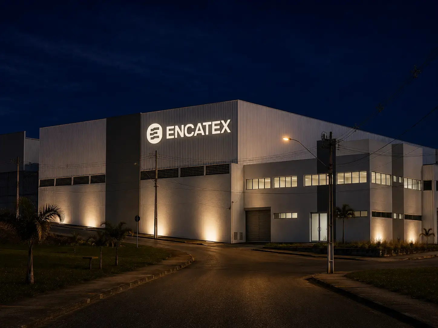 Fachada iluminada da sede da Encatex ao anoitecer